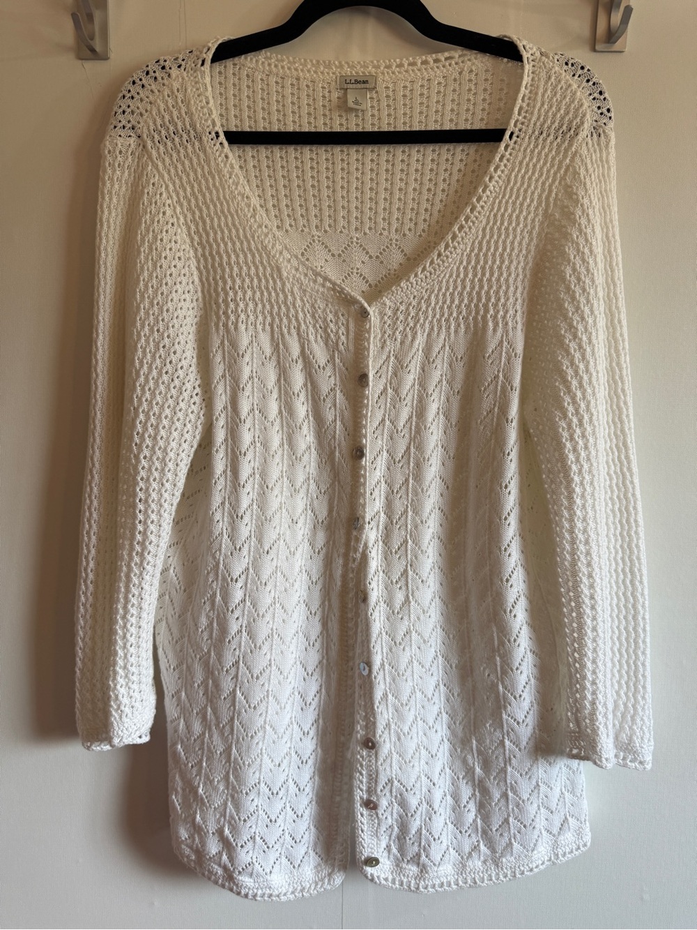 L.L.Bean Linen Cotton Open Knit Cardigan White Boho Cottagecore Large